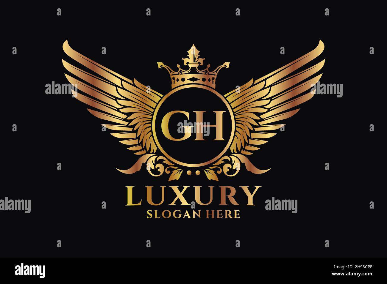 Luxury Royal Wing Letter GH crest Gold color Logo Vector, Victory logo, crest logo, wing logo, Vector logo . Illustrazione Vettoriale