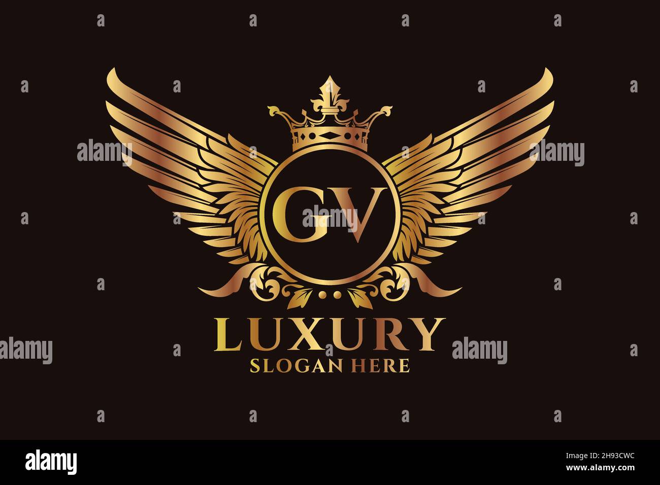 Luxury Royal Wing Letter GV crest colore Gold Logo Vector, Victory logo, crest logo, wing logo, Vector logo . Illustrazione Vettoriale