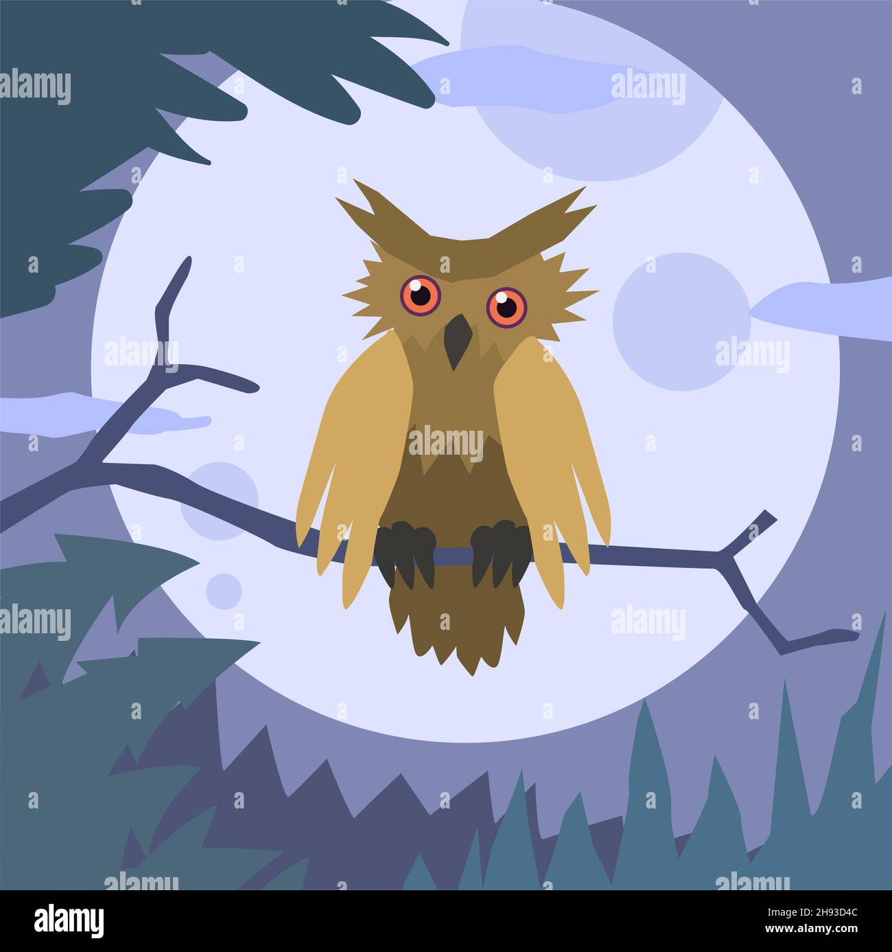 Uccello della luna del gufo arroccato su disegno vettoriale di colore del cartone animato di ramo, orizzontale Illustrazione Vettoriale