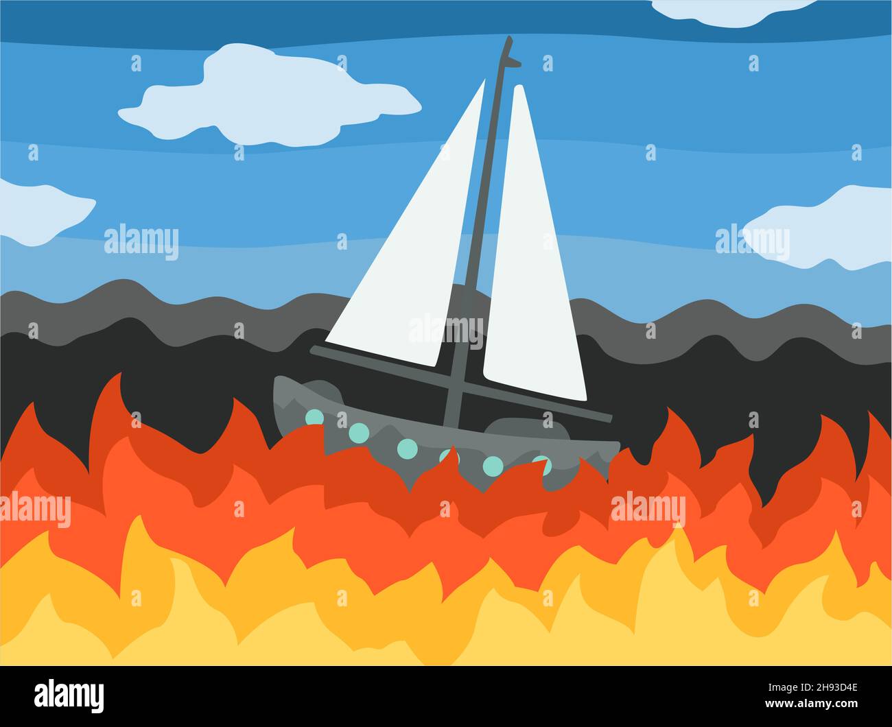 Burning SEA astratto nessun modo per uscire a vela nave cartoon colore illustrazione vettoriale, orizzontale Illustrazione Vettoriale