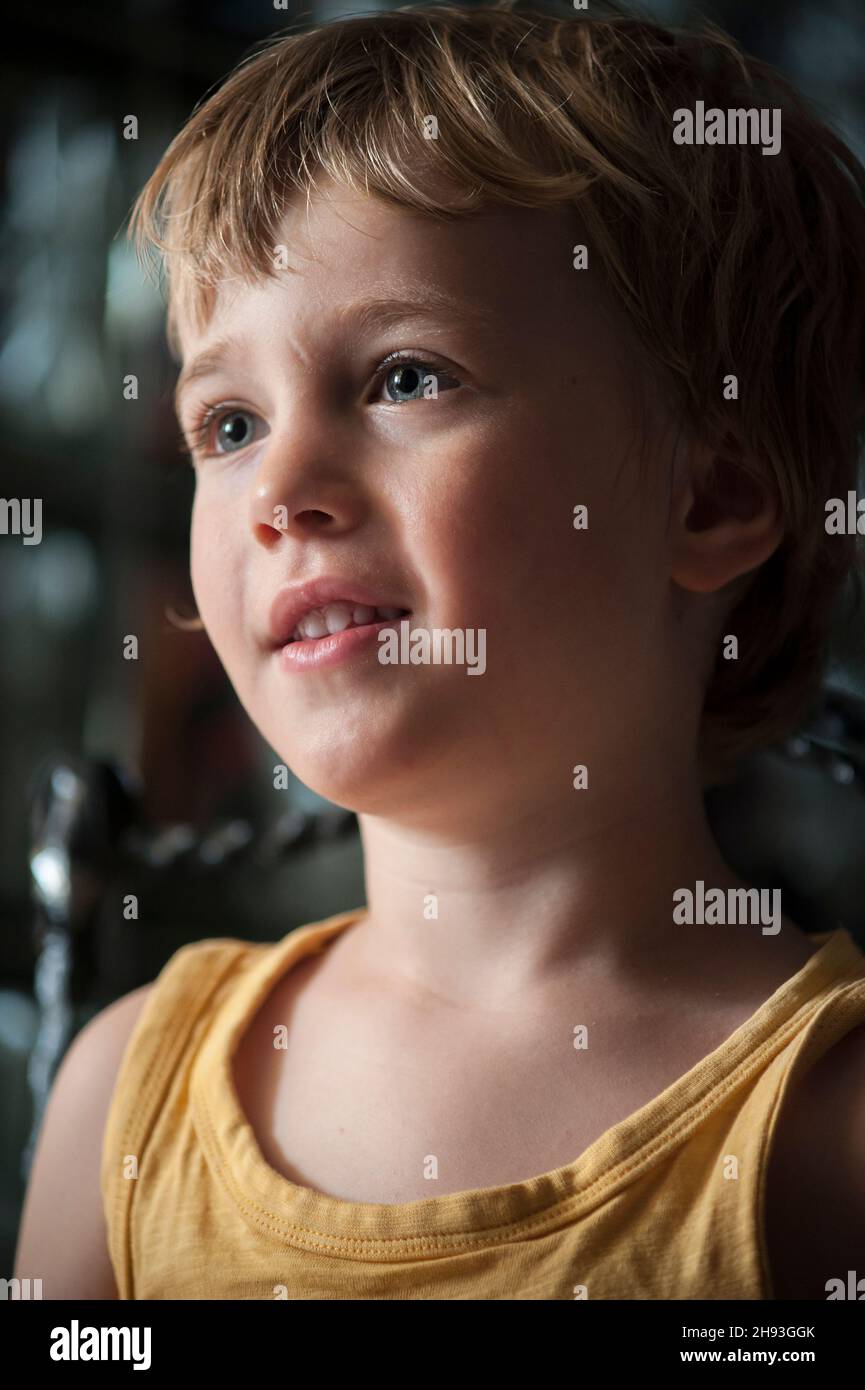 Un ragazzo di 4 anni reagisce mentre guarda un cartone animato sullo schermo di un computer a casa. Foto Stock