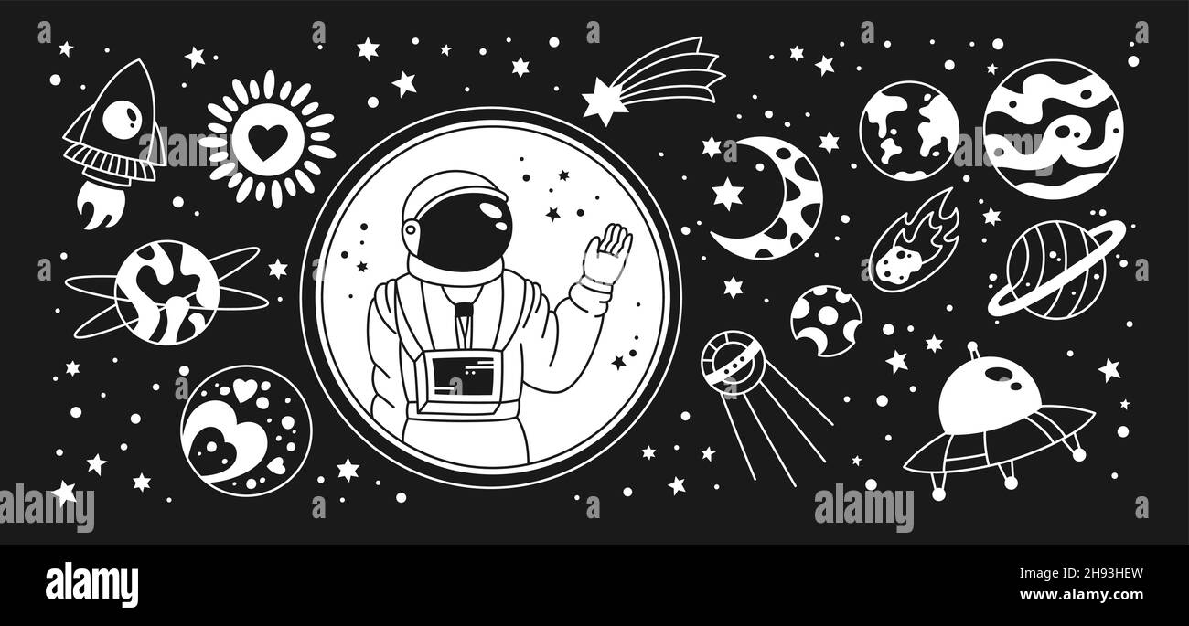 Set di schizzi di doodle spaziali. Pianeti astronomici disegnati a mano, razzo, cometa e stelle, sole, costellazioni e astronauta. Stile retrò notte cielo bambini spaziale e corpi celesti, vettore astronomico Illustrazione Vettoriale