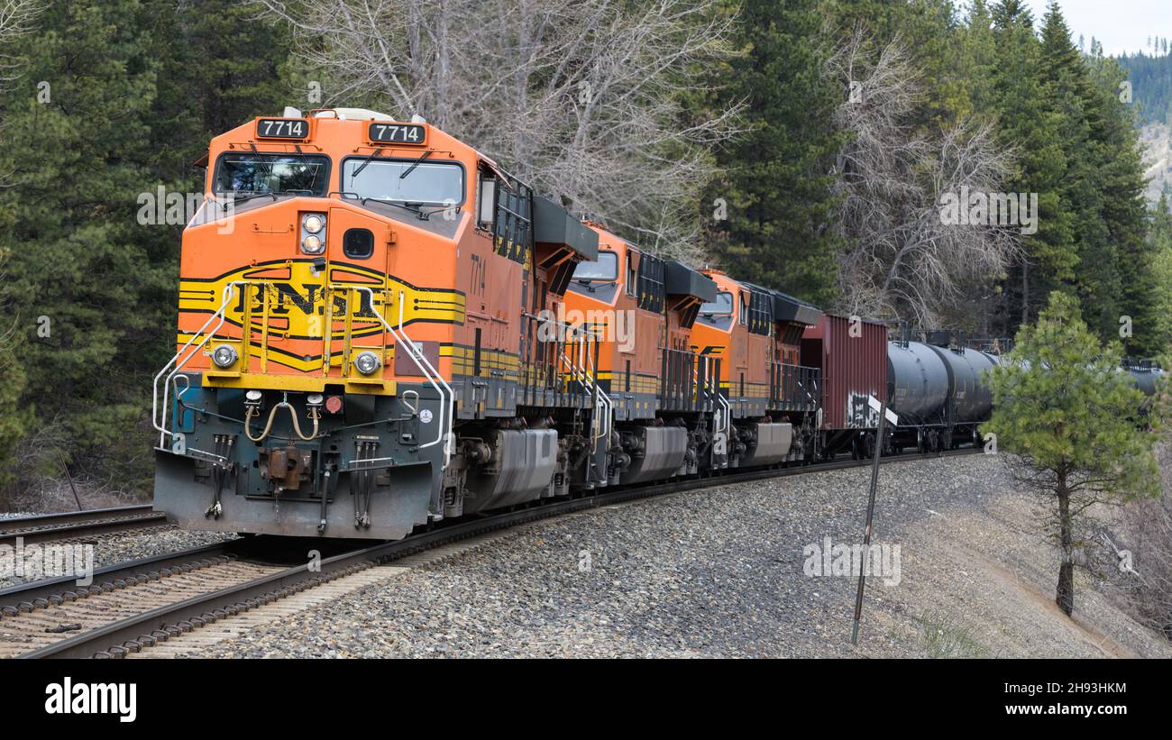 Winton, WA, USA - 15 aprile 2019; tre locomotive ferroviarie BNSF trasportano serbatoi petroliferi vuoti verso est attraverso le Cascade Mountains nello stato di Washington. Foto Stock