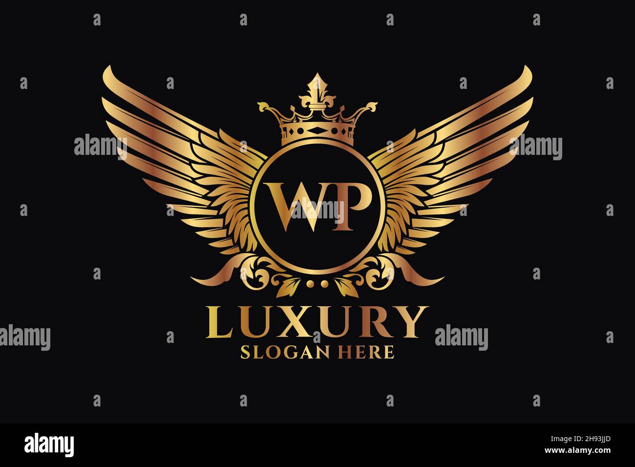 Luxury Royal Wing Letter WP crest Gold color Logo Vector, Victory logo, crest logo, wing logo, Vector logo . Illustrazione Vettoriale