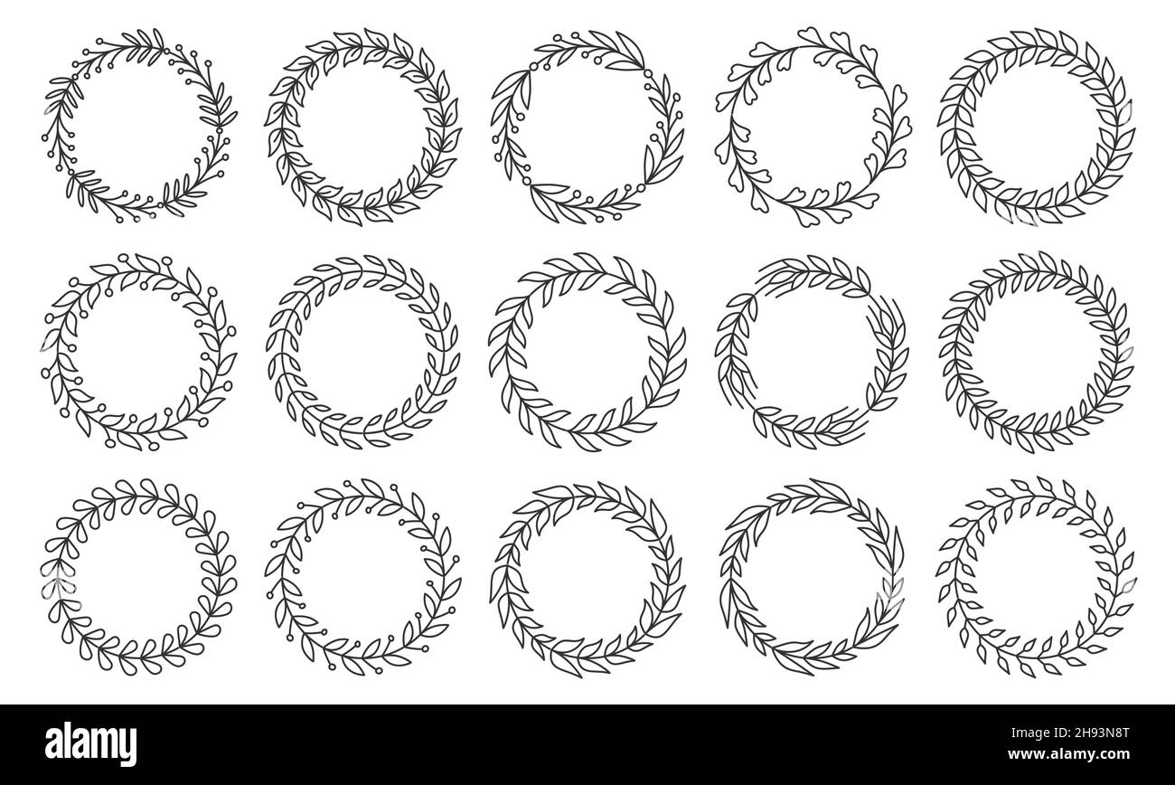 Cornice naturale oggetto frondoso vincitore linea nera set. Successo del premio Plant pattern. Tatuaggio araldico vintage badge frame. Logo della carta di invito primavera estate. Forma circolare ottenuta isolato su bianco Illustrazione Vettoriale