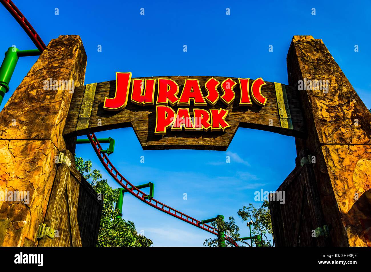 Jurassic Park, The Lost World agli Universal Studios Singapore. Foto Stock