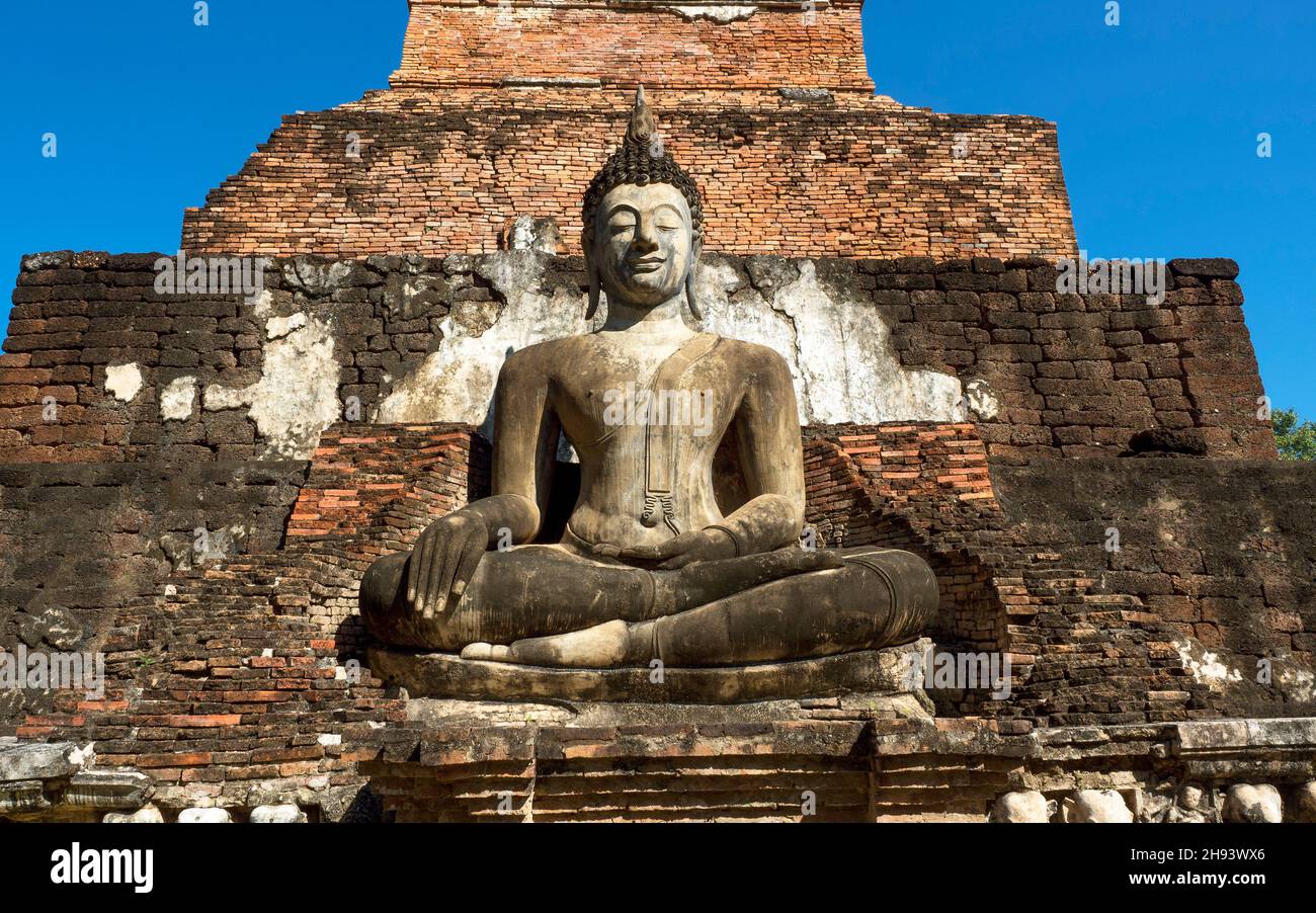 Statua del Buddha, Wat Mahathat, Geschichtspark Sukhothai, Unesco Weltkulturerbe, Mueang Kao, Provinz Sukhothai, Tailandia, Asien Foto Stock