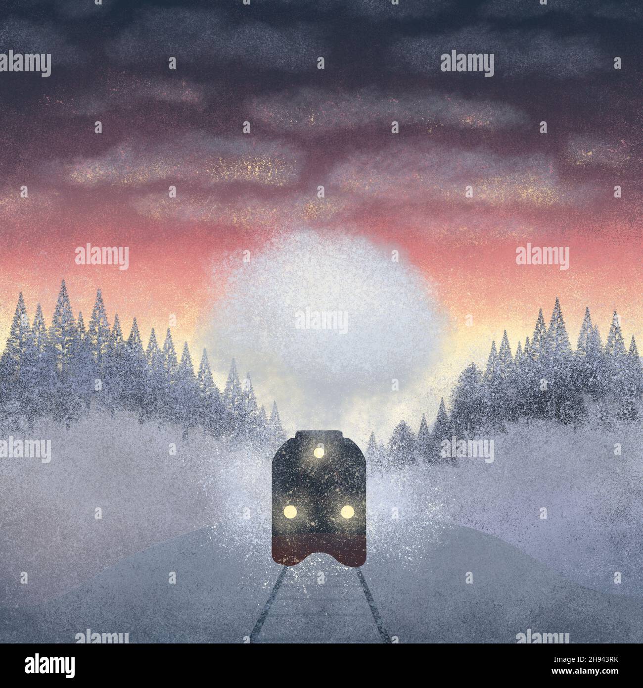 Illustrazione di un paesaggio invernale con un treno ferroviario in serata al tramonto. Foto Stock