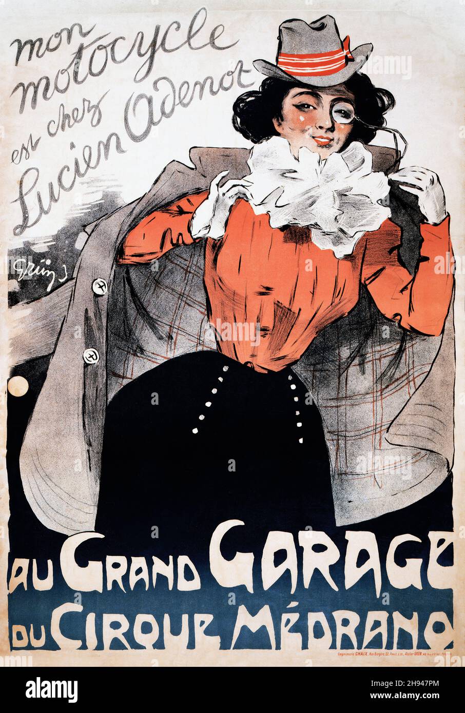 Mon motocycle est chez Lucien Adenot, au Grand Garage du Cirque Médrano di Grün, Jules, 1868-1934, artista. Potenziata digitalmente. 1890s. Foto Stock