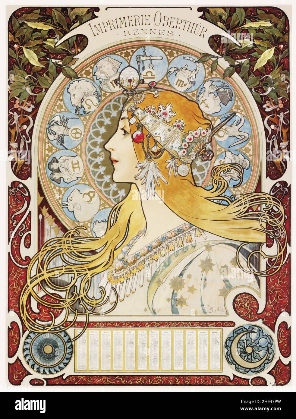 Visualizza scala Alphonse Mucha (1860-1939) - ZODIAC - calendario. 1898. Imprimerie Oberthür. Foto Stock