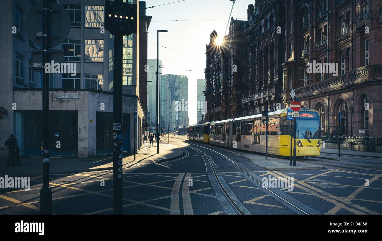 Tram nel centro di Manchester Foto Stock