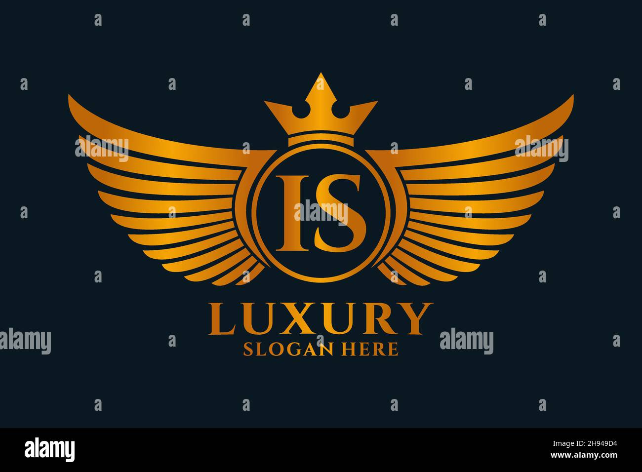 La lettera dell'ala reale di lusso È il vettore di logo di colore oro della cresta, il logo della Vittoria, il logo della cresta, il logo dell'ala, il logo del vettore. Illustrazione Vettoriale