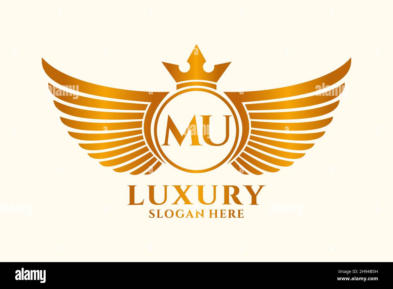 Luxury Royal Wing Letter MU crest Gold color Logo Vector, Victory logo, crest logo, wing logo, Vector logo . Illustrazione Vettoriale