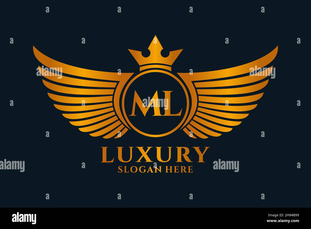 Luxury Royal Wing Letter ML crest colore oro Logo vettoriale, logo Victory, logo crest, logo wing, logo vettoriale . Illustrazione Vettoriale