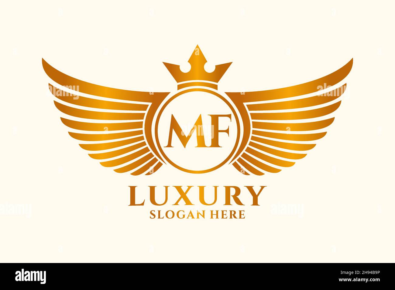 Elegante regale ala lettera MF crest colore oro Logo vettoriale, logo Victory, logo crest, logo wing, logo vettoriale . Illustrazione Vettoriale