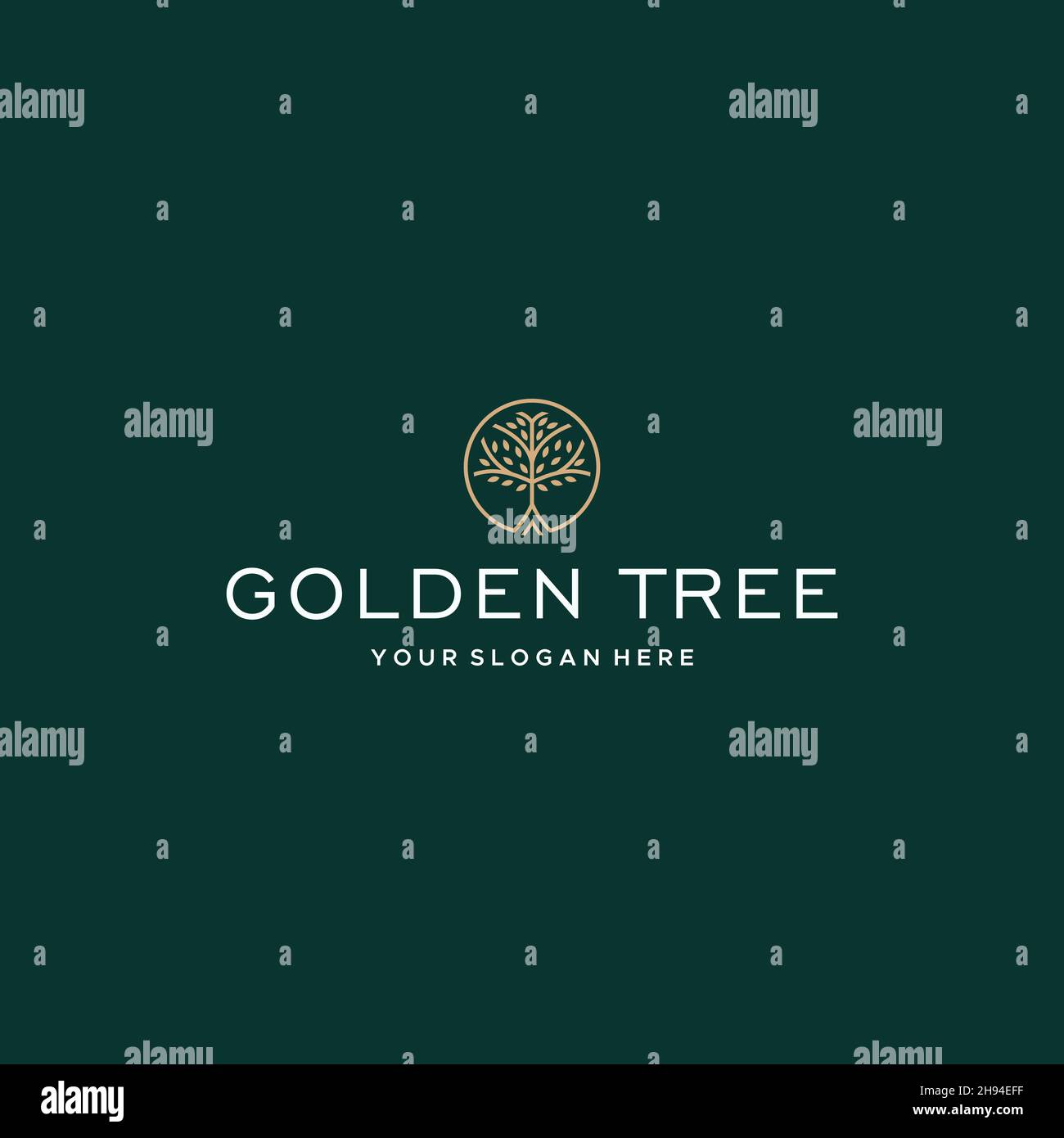 Design minimalista GOLDEN TREE Plants line art logo Illustrazione Vettoriale