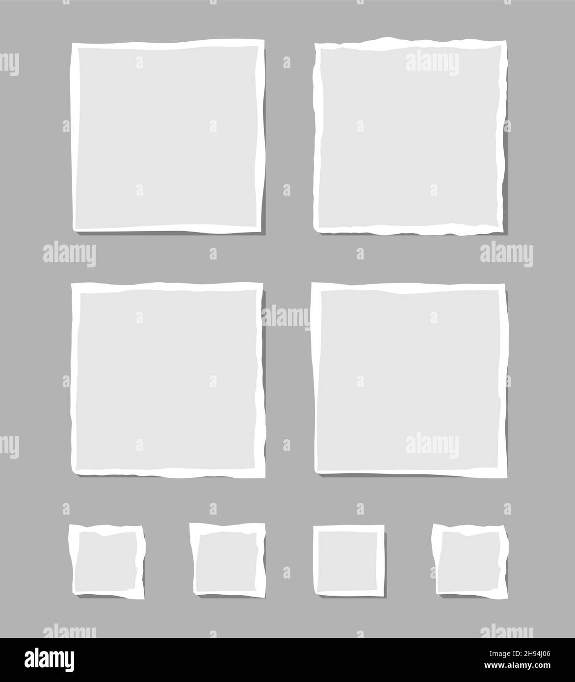Set di nota bianca strappata. Frammenti di carta strappata di varie forme isolati su sfondo grigio. Illustrazione vettoriale. EPS Illustrazione Vettoriale
