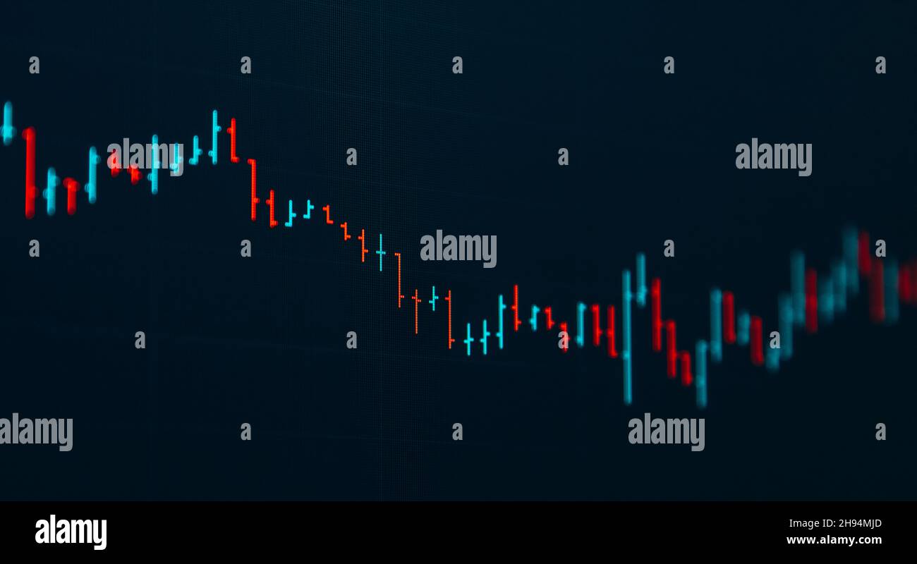Primo piano dello sfondo del monitor di sostituzione delle scorte. Grafico a barre del mercato azionario. Diagramma finanziario del grafico del prezzo della criptovaluta. Foto Stock