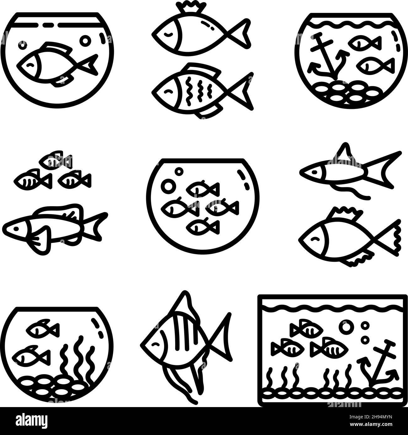 Acquari carri armati contorno icone set, diversi tipi di acquari con piante e pesci. Illustrazioni vettoriali isolate su bianco. Illustrazione Vettoriale