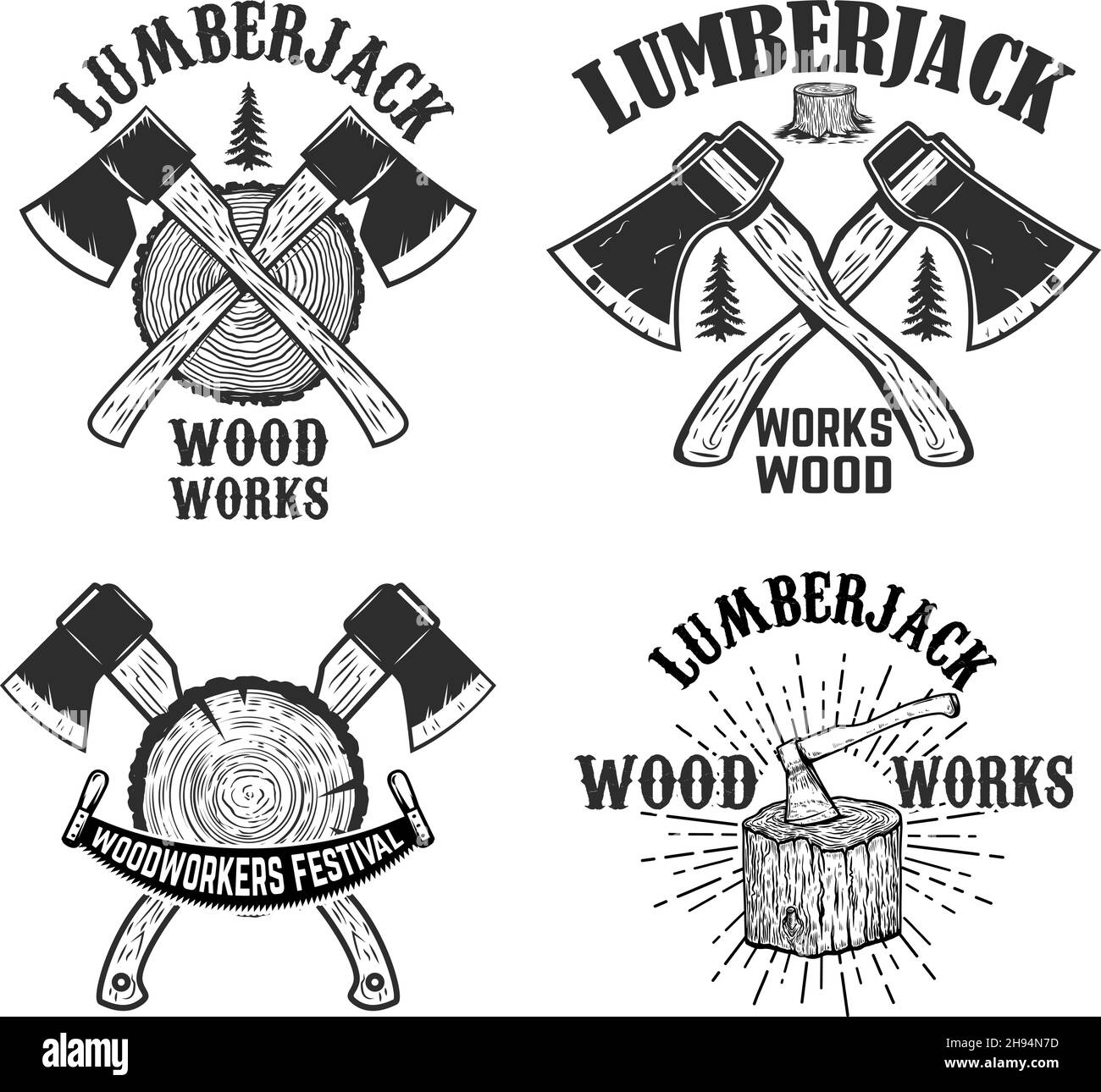 Set di assi incrociati su fondo in legno. Opere di legno Lumberjack. Elemento di design per logo, etichetta, cartello, poster. Illustrazione vettoriale Illustrazione Vettoriale