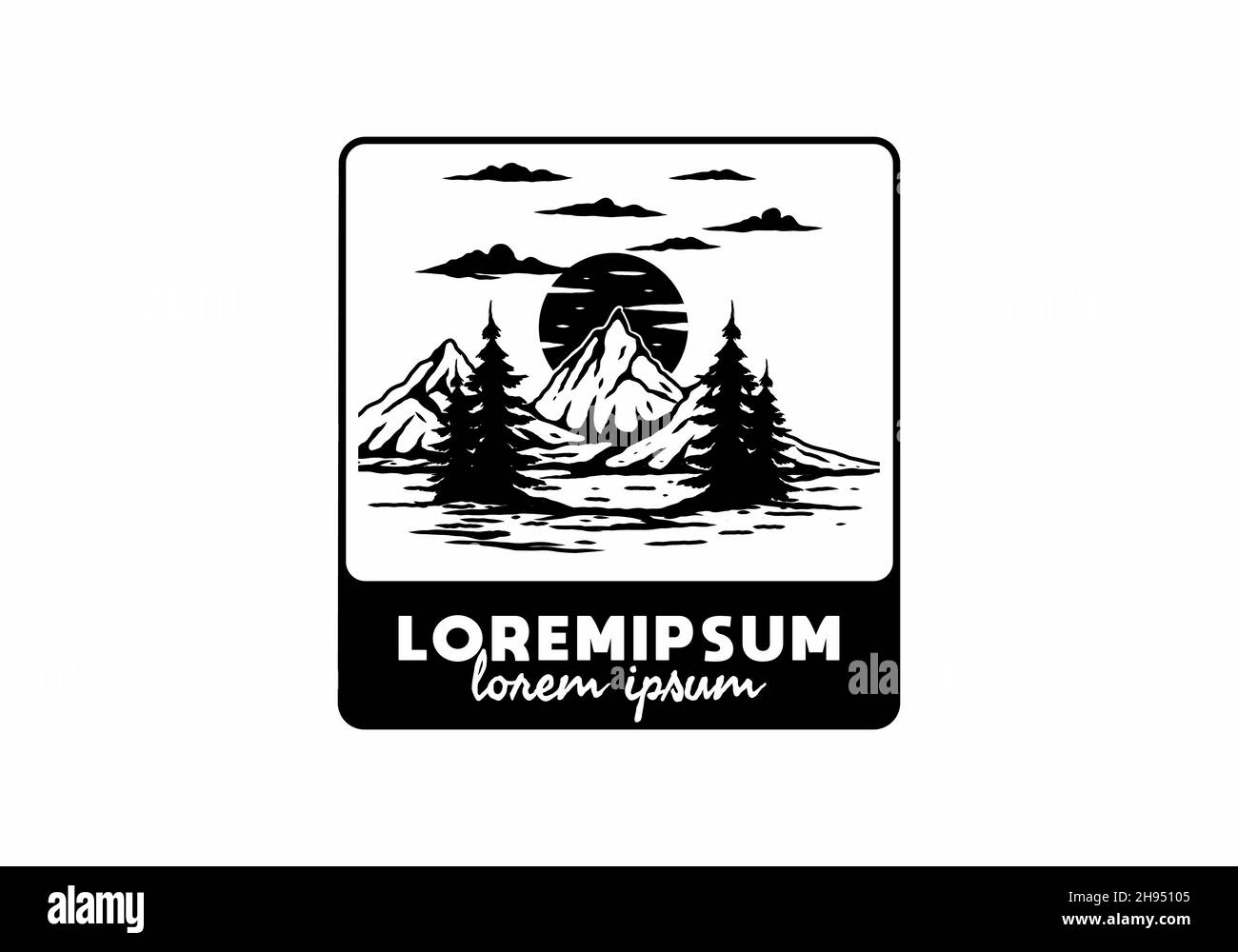 Disegno di badge di illustrazione del lago di montagna all'aperto Illustrazione Vettoriale