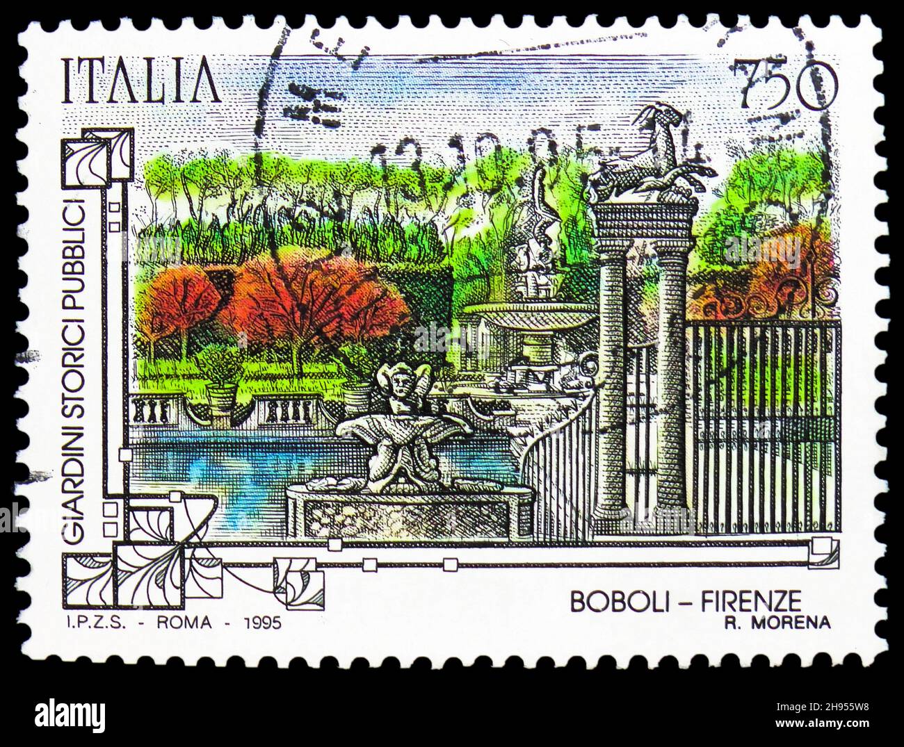 MOSCA, RUSSIA - 24 OTTOBRE 2021: Francobollo stampato in Italia, mostra i Giardini di Boboli, Firenze, patrimonio artistico e culturale italiano (1995) serie, Foto Stock