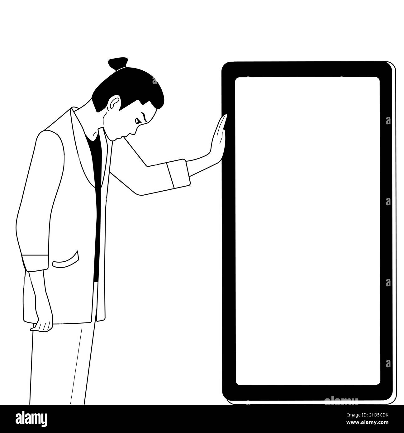 Disegno a mano in bianco e nero. Ragazzo triste con un telefono. Illustrazione Vettoriale