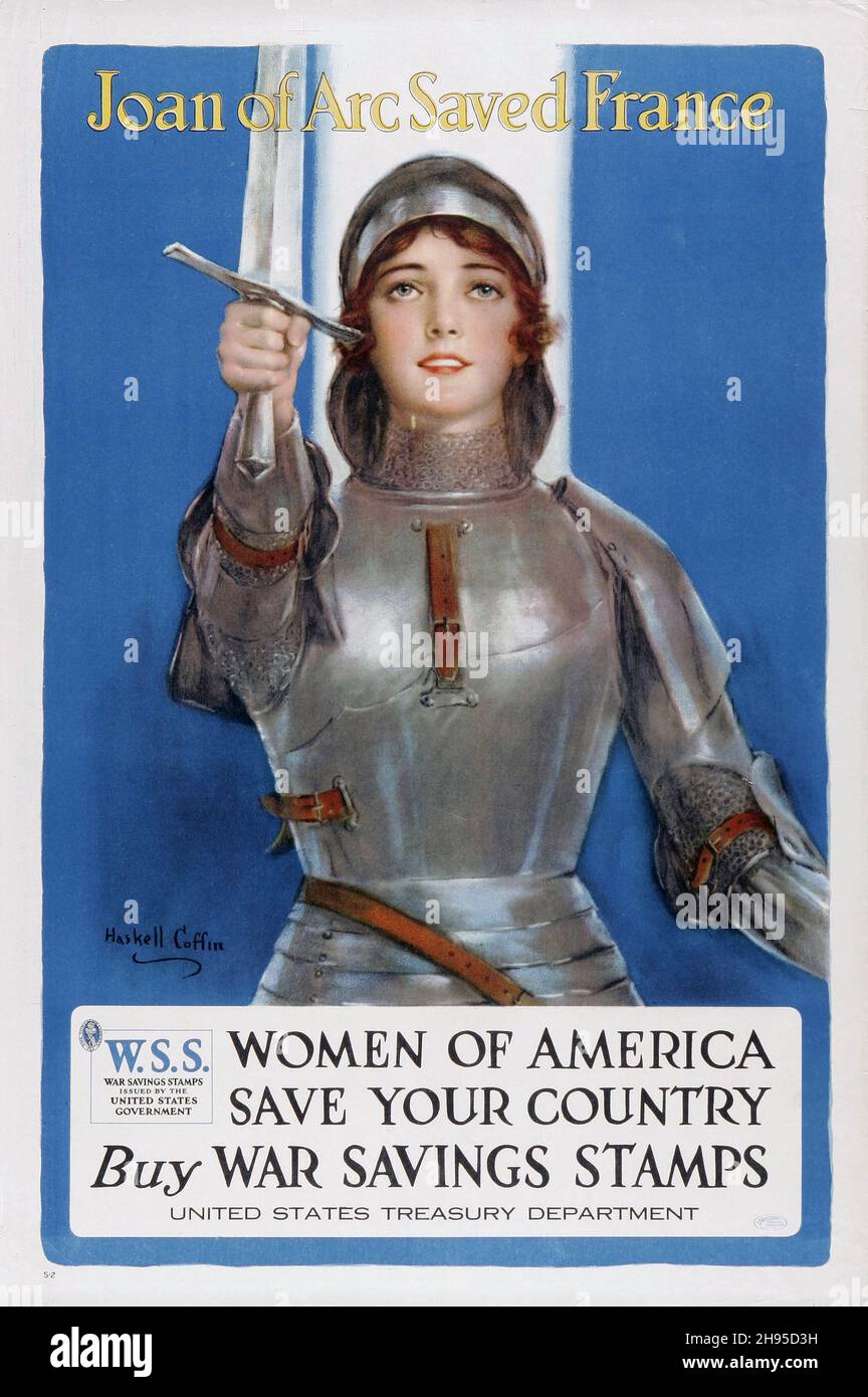 Poster di Giovanna d'Arco della prima Guerra Mondiale. Artista: Haskell coffin. Acquista War Savings Francobolli. Dipartimento del Tesoro degli Stati Uniti. Foto Stock