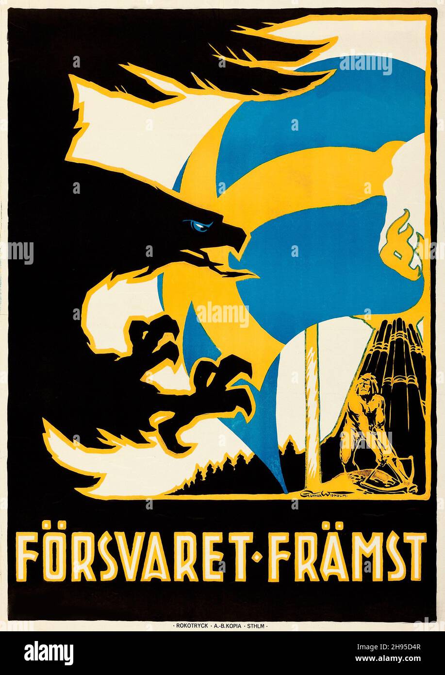 Prima guerra mondiale Propaganda (1914). Svedese One Sheet 'National Defense', opera di Gunnar Widholm. 'Försvaret främst' esercito svedese. Foto Stock