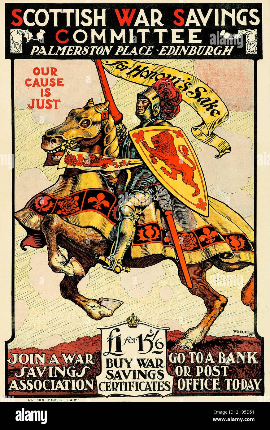La prima guerra mondiale Propaganda (Scottish War Savings Committee, 1917) ha un cavaliere su un cavallo. "La nostra causa è giusta". Foto Stock