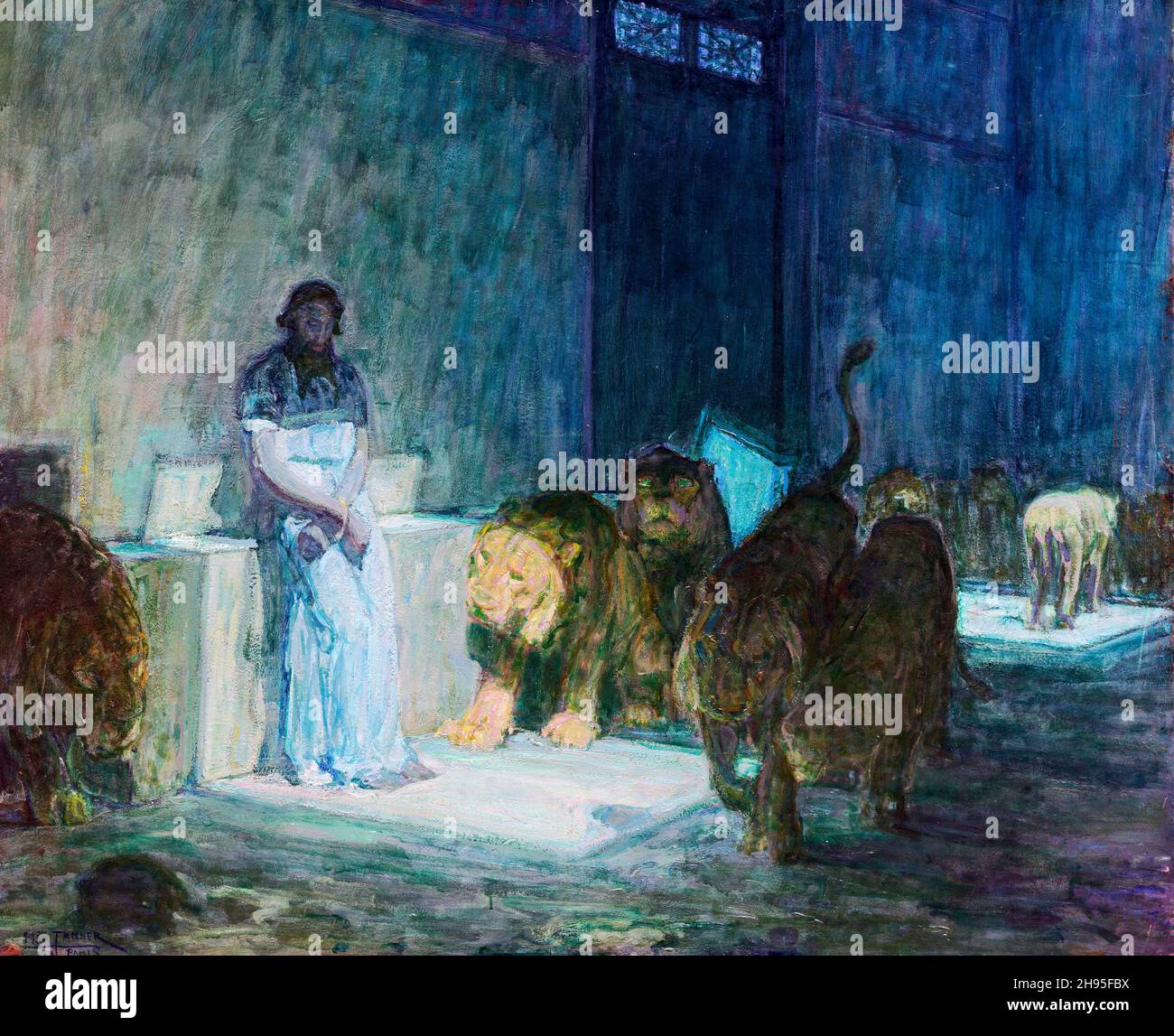 Daniel in the Lions' Den dell'artista americano Henry Ossawa Tanner (1859-1937), olio su carta su tela, 1907-18 Foto Stock