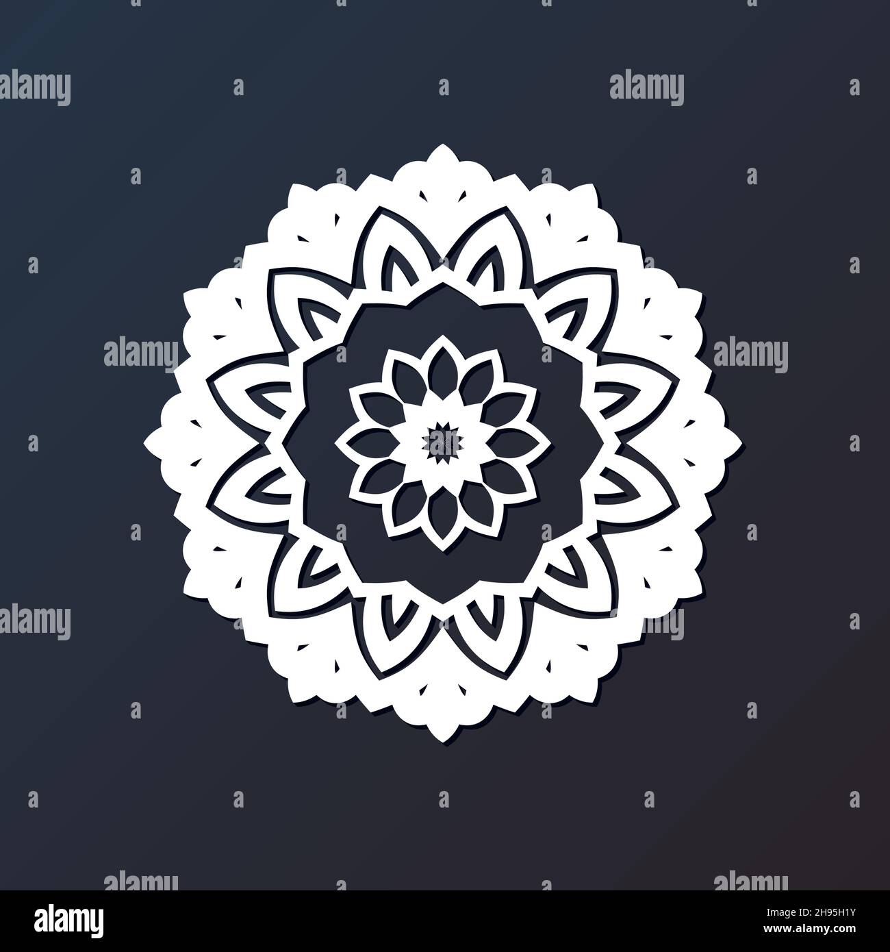 Modello taglio laser mandala da carta, legno compensato, ferro CNC silhouette ornamento. Illustrazione Vettoriale