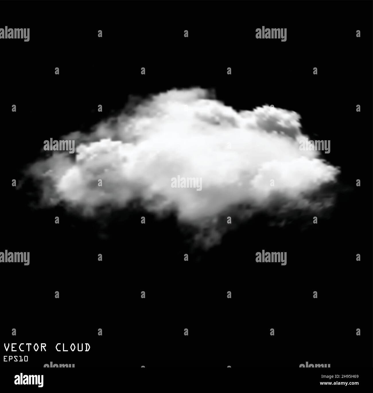 Illustrazione vettoriale realistica a forma di nuvola, nuvola bianca soffice isolata su sfondo nero solido Illustrazione Vettoriale