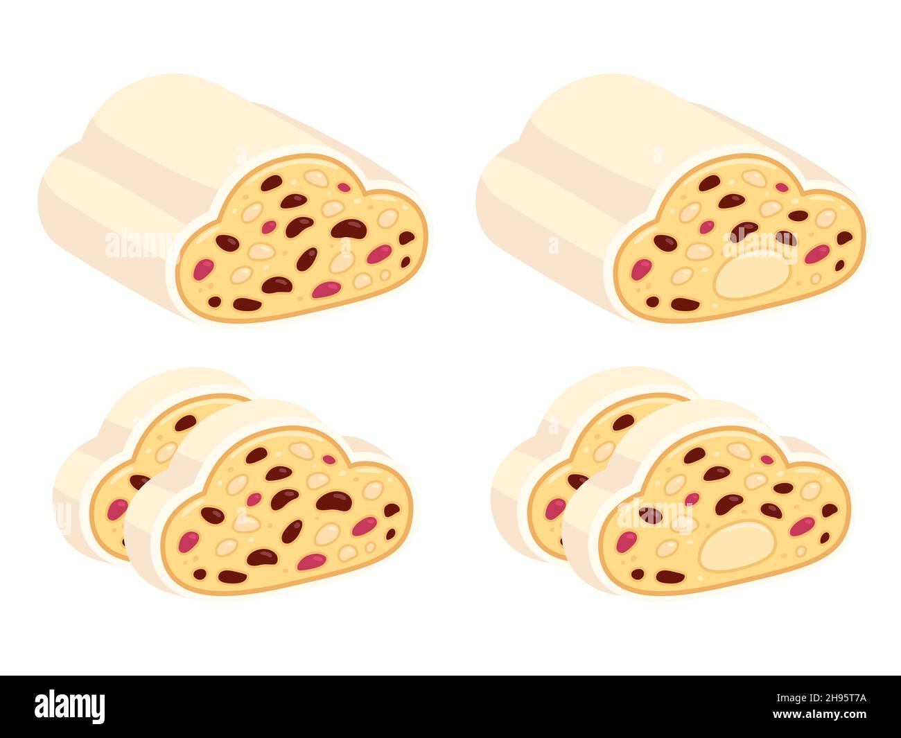 Weihnachtsstollen, pane tradizionale tedesco dolce di Natale. Fette di torta Stollen con frutta secca e pasta di mandorle. Set di illustrazioni per clip vettoriali. Illustrazione Vettoriale