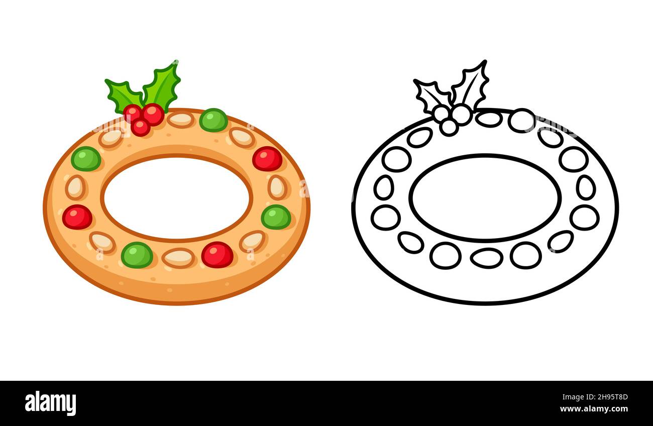 Torta anello di Natale olandese Kerstkrans. Tradizionale pasta di mandorle con corona natalizia. Icona in bianco e nero e disegno cartoon a colori, illustrazione vettoriale Illustrazione Vettoriale