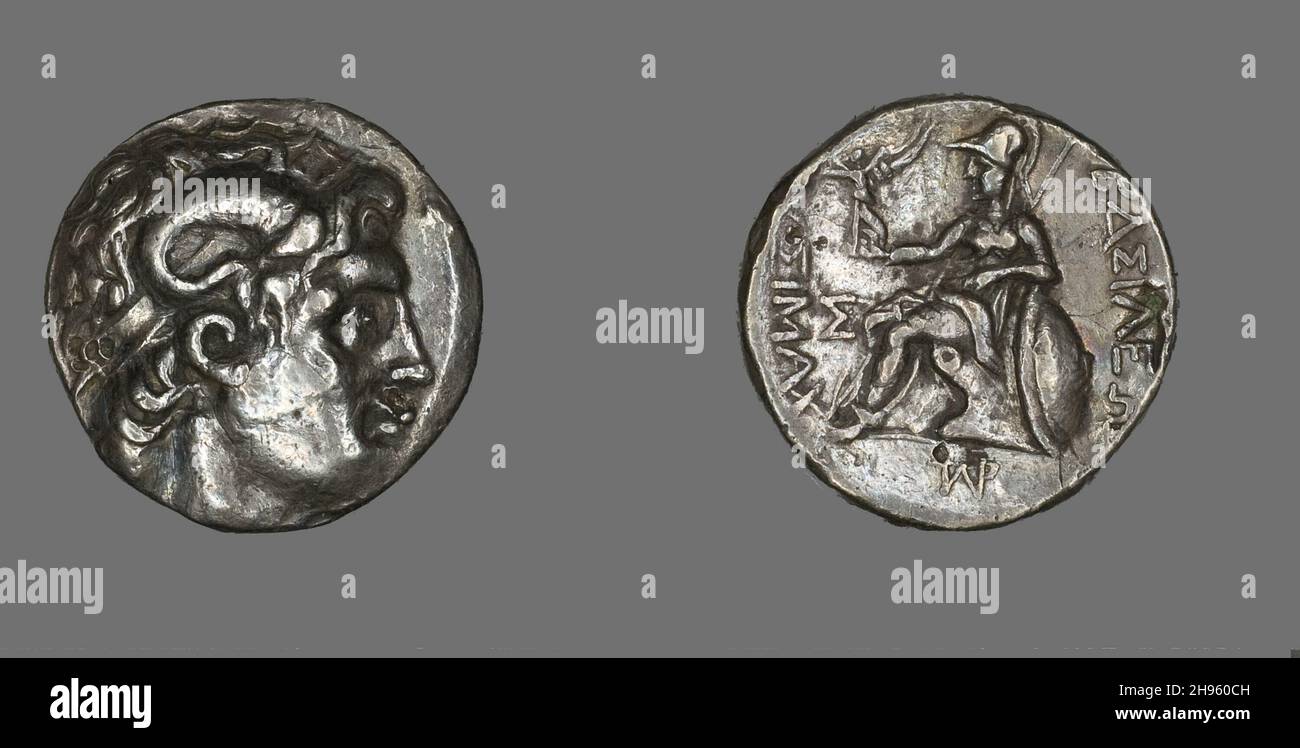 Tetradrachm (Coin) raffigurante Alessandro Magno, 297-281 a.C., emesso da Re Lisimaco di Tracia. Foto Stock