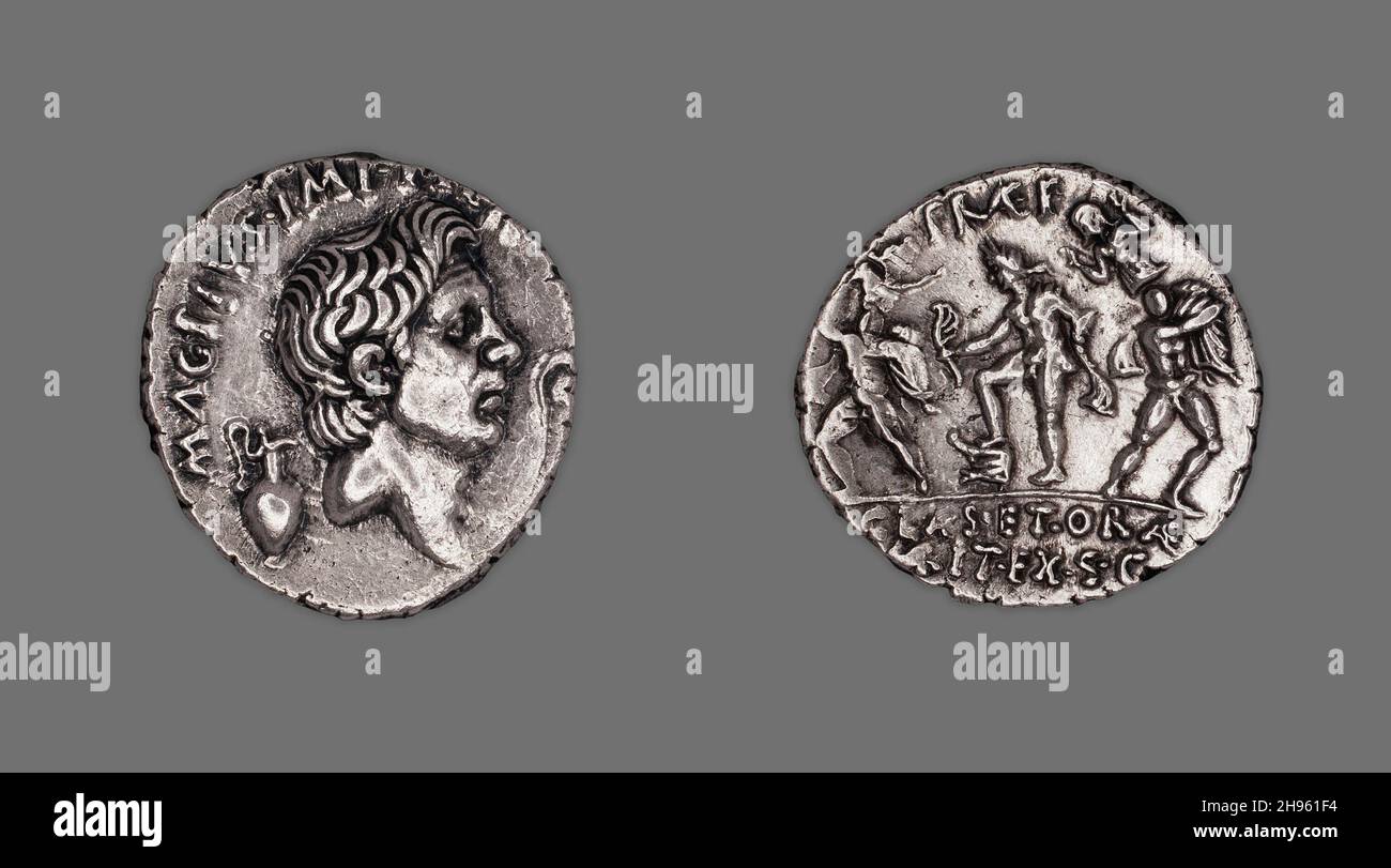 Denario (Coin) raffigurante Pompeo il Grande, 42-40 a.C., emesso dalla Repubblica Romana, Sextus Pompeo Magnus. Reverse: I Fratelli Catanei - Anapius e Amphinomus - salvano i loro genitori da un'eruzione dell'Etna. Coniò in Sicilia. Foto Stock