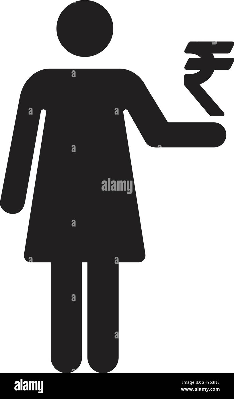 Rupee segno con icona donna simbolo di valuta vettore per il commercio e la finanza in un'illustrazione di pittogramma glyph a colori piatta Illustrazione Vettoriale