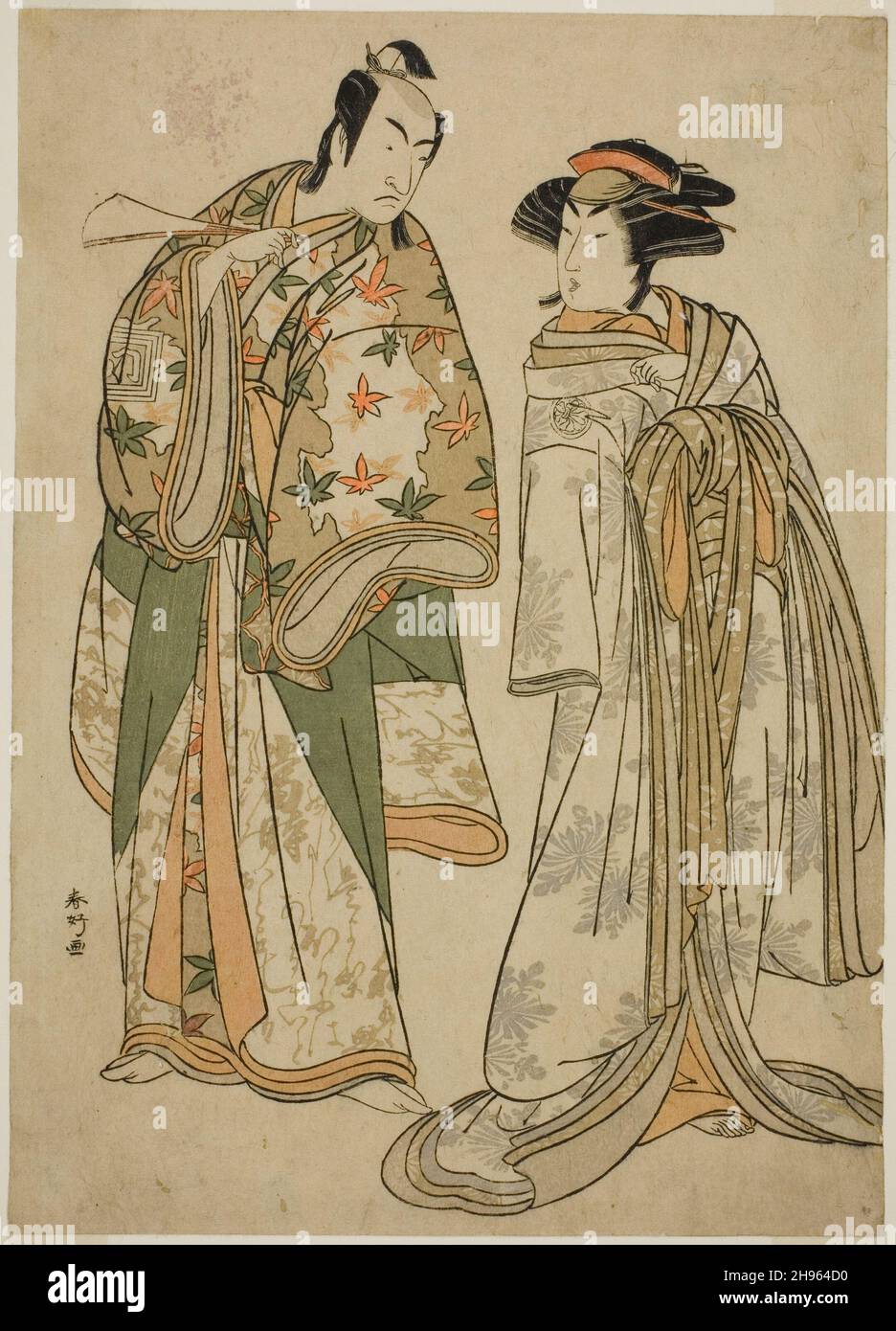 Gli attori Segawa Kikunojo III come il cortigiano Sumizome (a destra), e Ichikawa Monnosuke II come Goinosuke Yoshimine (a sinistra), nella Gioca Juni-hitoe Komachi-zakura, hanno suonato al Teatro Kiri nell'undicesimo mese, 1784, c.. 1784. Foto Stock