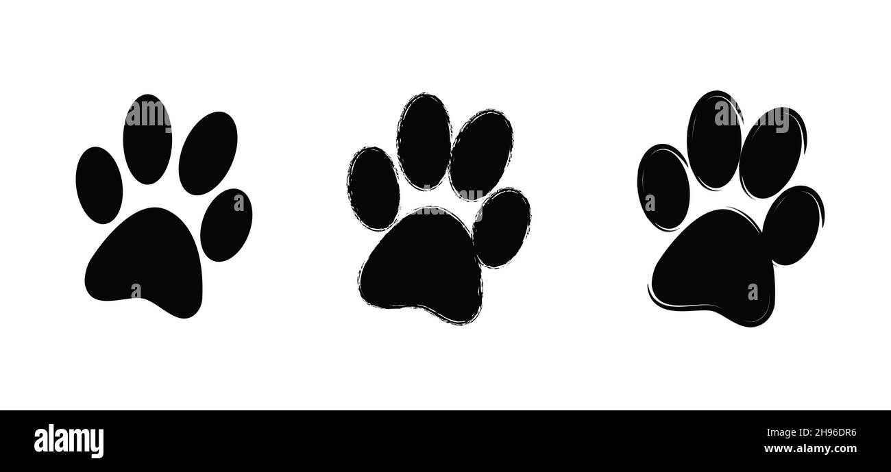 Simbolo delle zampe di cani o gatti. Cartoon cane o gatto footprint, Funny vettore cane o gatto segni. Silhouette per gli amanti. Animali giorno. Passi o passi divertenti. Foto Stock