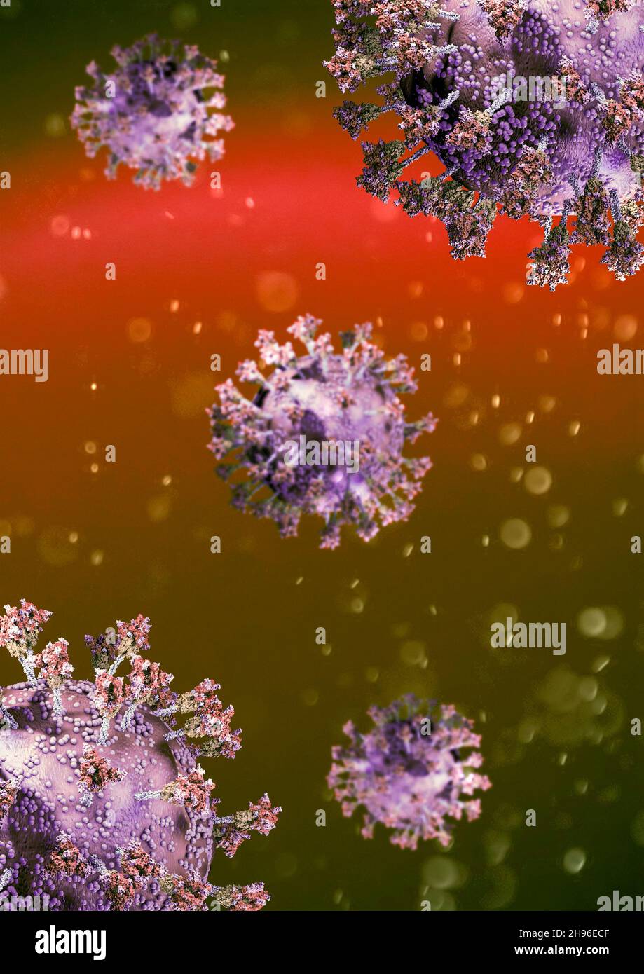 Variante del virus, coronavirus, proteina Spike. Omicron. Covid-19 visto al microscopio. SARS-COV-2, rendering 3d Foto Stock