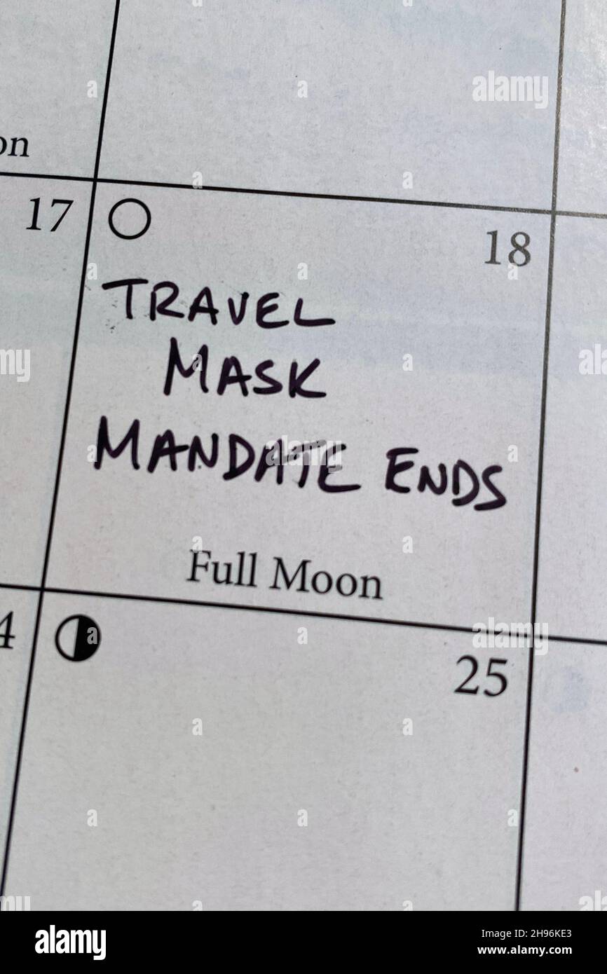 Calendario segnato per la fine del mandato USA maschera di viaggio il 18 marzo 2022 Foto Stock