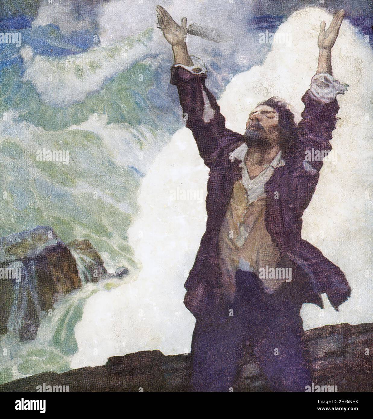 Robinson Crusoe è un romanzo scritto dal romanziere inglese Daniel Defoe e pubblicato nel 1719. Autobiografia immaginaria, racconta la storia di un castaway inglese chiamato Robinson Crusoe (visto qui) che ha trascorso 28 anni su una remota isola tropicale vicino al Venezuela prima di essere salvato. Newell Convers Wyeth, noto come N. C. Wyeth, è stato un artista ed illustratore americano. Fu allievo dell'artista Howard Pyle e divenne uno dei più grandi illustratori d'America. Foto Stock