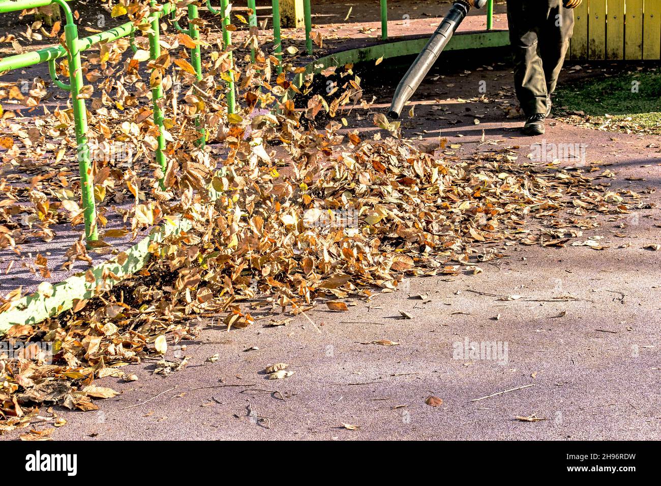 Pulizia foglie secche con un mulino a vento. Un lavoratore municipale pulisce il parco cittadino. Preparazione dei parchi cittadini per l'inverno. Foto Stock