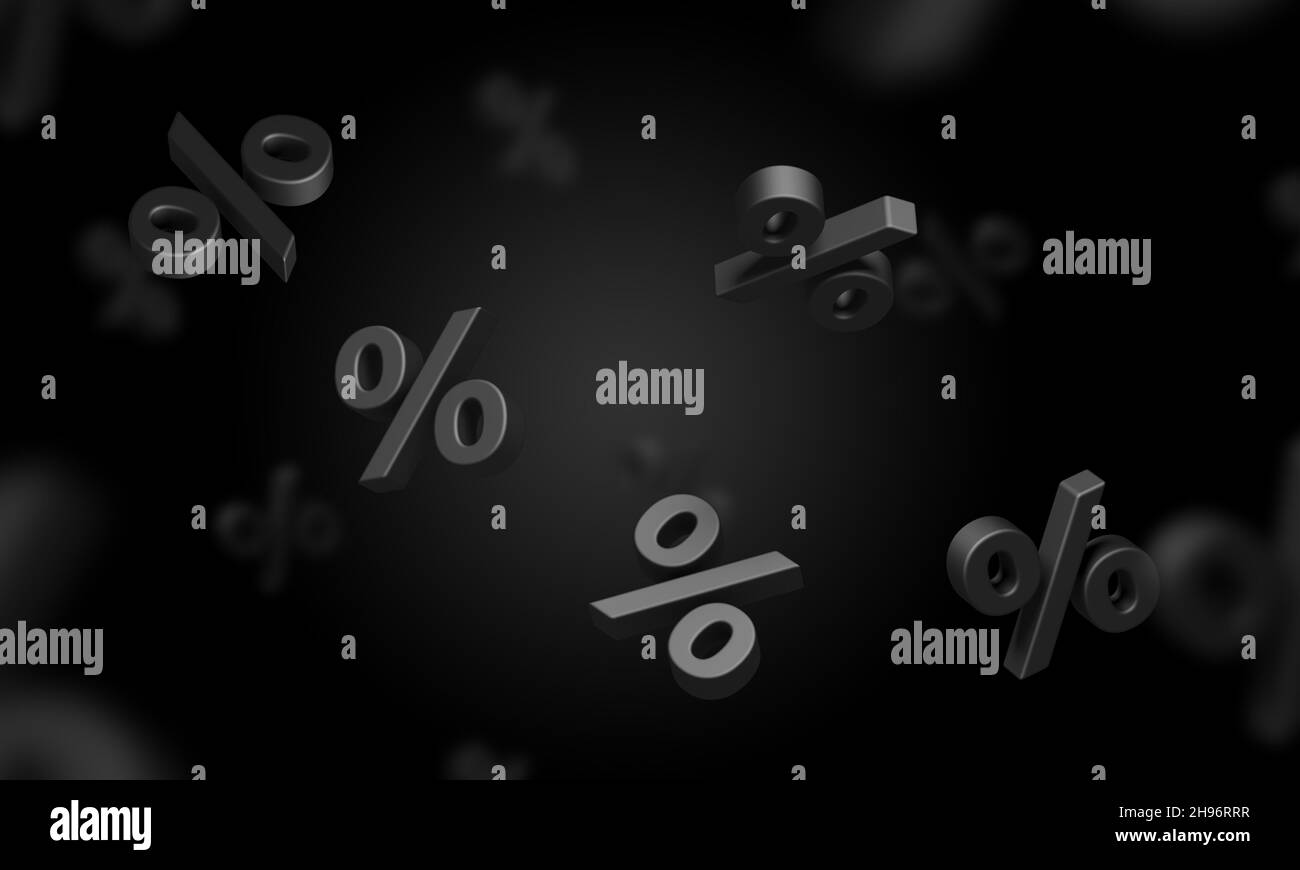 Simboli di percentuale. Sfondo nero. black friday. Sconto. illustrazione 3d. Foto Stock