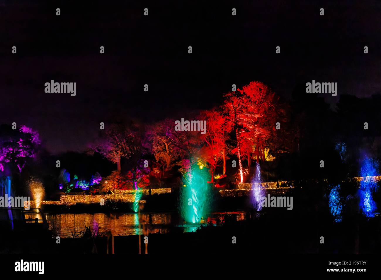 Fontane dai colori vivaci nel lago a Glow 2021, l'evento annuale di luci natalizie al RHS Garden, Wisley, Woking, Surrey Foto Stock