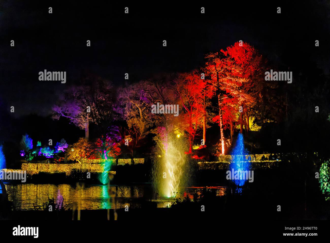Fontane dai colori vivaci nel lago a Glow 2021, l'evento annuale di luci natalizie al RHS Garden, Wisley, Woking, Surrey Foto Stock
