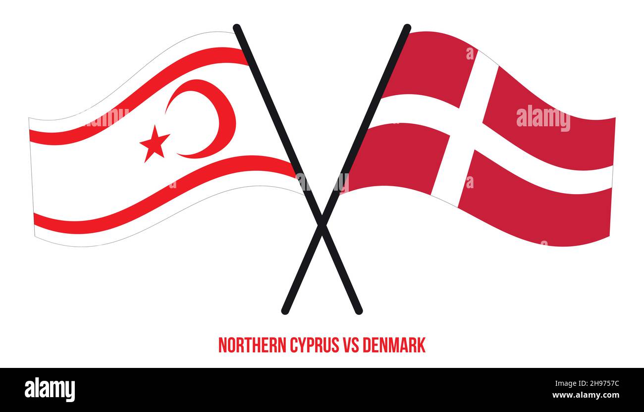Nord Cipro e Danimarca Bandiere incrociate e ondulate stile piatto. Proporzione ufficiale. Colori corretti. Illustrazione Vettoriale