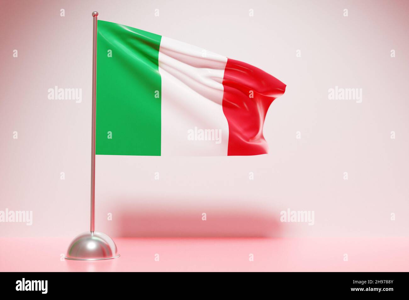 Illustrazione in 3D della bandiera nazionale italiana su un flampolo metallico che fluttering .simbolo del Paese. Foto Stock