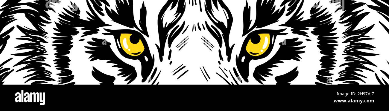Grafica vettoriale Tiger Eyes. Banner orizzontale, poster con occhi tigre. Faccia disegnata realistica di una tigre, illustrazione vettoriale Illustrazione Vettoriale